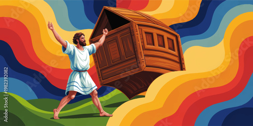 Biblical Noah Carrying the Ark Through Rainbow Waves, Vibrant Religious Illustration of Faith, Survival and Old Testament Story