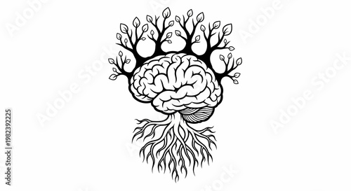 Brain with tree roots and branches.