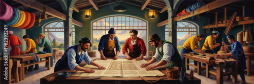 Medieval artisan workshop with craftsmen creating textiles and woodwork in a sunlit studio, colorful handmade production scene