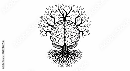 Brain with tree roots and branches.