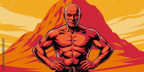 Powerful Bald Muscular Martial Artist Standing in Desert Mountain Landscape, Bold Retro Comic Style Fitness Illustration
