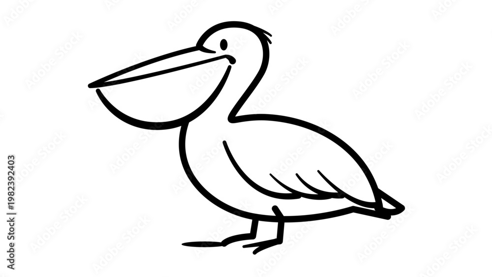 Fototapeta premium Pelican Minimalist Black Line Vector Icon on White Background, Hand-Drawn Illustration of a Water Bird with Large Beak, Editable Stroke for Customizable Line Weight, Scalable SVG Graphic Design.