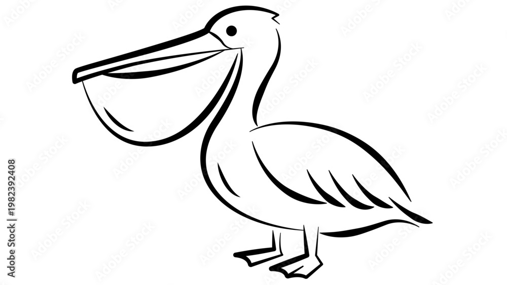 Fototapeta premium Minimalist black line vector icon illustration of a pelican bird with a large beak pouch, hand-drawn outline style on a white background, perfect for nature, wildlife, and coastal design projects.