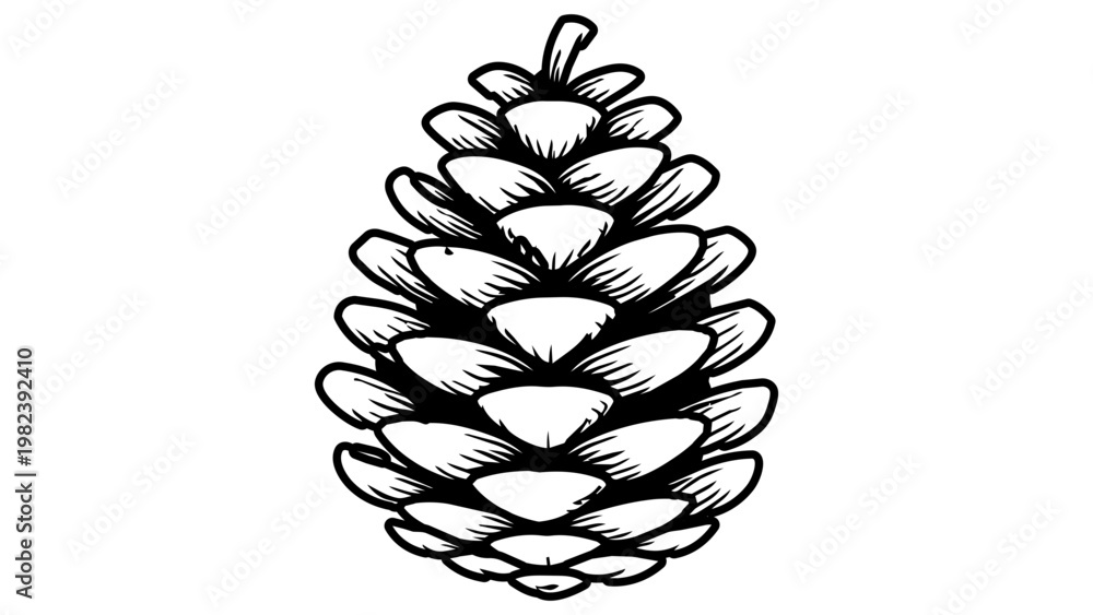 Obraz premium Minimalist black line vector icon of a detailed pine cone on a white background. Hand-drawn illustration of a conifer seed for forest, nature, and winter holiday design projects. Scalable SVG.