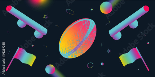 Neon rugby championship banner with glowing ball, goal posts and flags on dark background, futuristic sports illustration