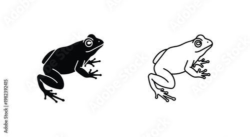 Frog icons, black and white illustrations, amphibian symbols, vector graphics