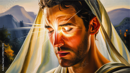 Spiritual portrait of praying man with radiant divine light, hooded figure in mountain landscape, sacred digital painting