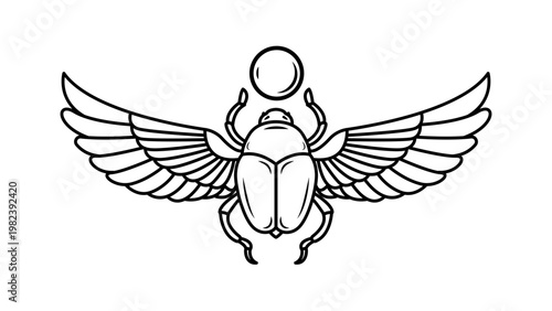 Egyptian winged scarab beetle vector icon, minimalist black line art illustration of an ancient sacred symbol with sun disk, hand-drawn outline design for tattoo, logo, or graphic element.