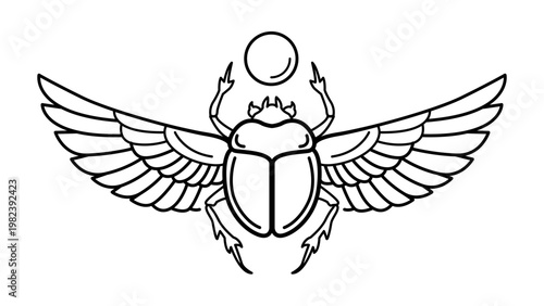 Minimalist black line vector illustration of an ancient Egyptian scarab beetle with spread wings and a sun disk, hand-drawn outline icon for mythology, history, and symbolic graphic design projects.