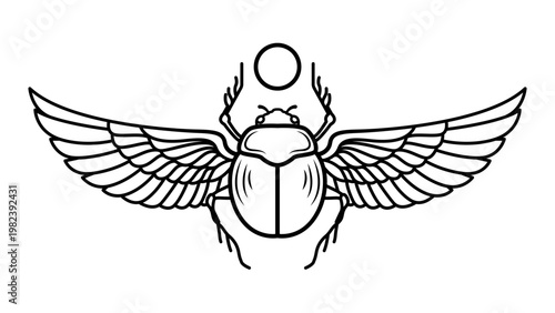Minimalist black line vector illustration of an ancient Egyptian scarab beetle with spread wings and a sun disk, hand-drawn outline icon representing rebirth, protection, and mystical mythology.