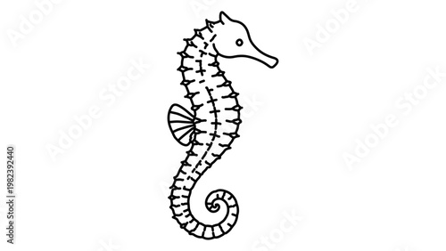 Seahorse Minimalist Black Line Vector Icon on a White Background, Featuring a Curled Tail and Hand-Drawn Detail, Perfect for Marine Life Designs with Editable Stroke and Scalable Outline.