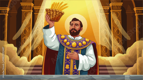 Biblical priest offering basket of wheat in ancient temple with divine light, sacred ritual illustration in ornate sanctuary