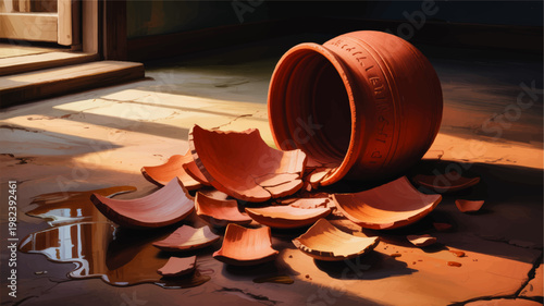 Broken terracotta flower pot with scattered shards and spilled water on sunlit floor near doorway, moody still life illustration