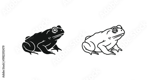 Frog icons, black and white illustration, amphibian symbols, vector graphics
