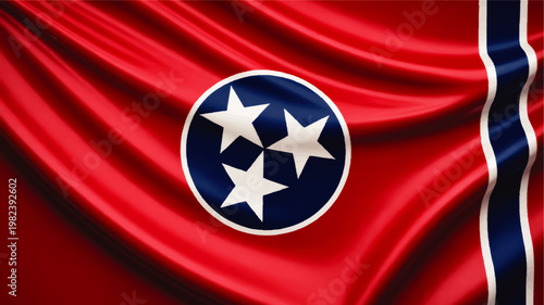 Waving Tennessee State Flag Close Up Illustration with Red Fabric Folds, Tri Star Emblem, and Blue Vertical Stripe