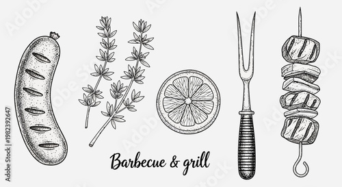 Barbecue & Grill Elements: Sausage, Skewers, Herbs, Lemon Slice, Fork