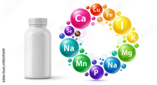 Vitamins and Minerals Supplement Bottle with Chemical Elements Circle