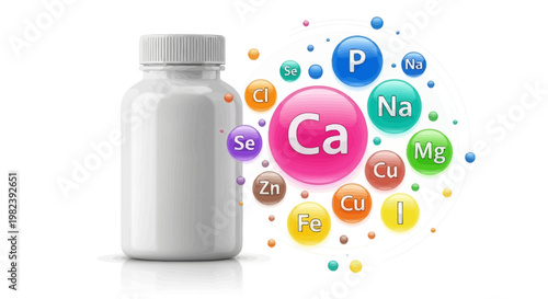 Calcium Supplement Bottle with Essential Minerals and Vitamins Icons