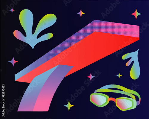 Abstract geometric swimming sports composition featuring a vibrant diving board goggles and splashes on a dark starry background