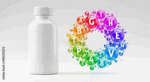 Vitamins and Supplements Bottle with Colorful Nutrient Bubbles