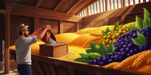 Farmer Storing Silver Coins in Wooden Barn With Golden Grain Grapes and Wheat, Abundance Harvest Wealth Illustration
