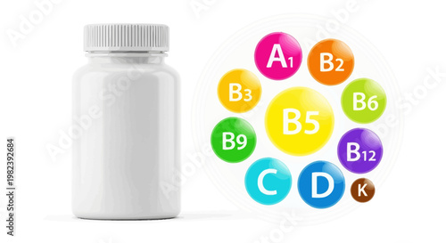 Vitamin Supplements Bottle and Colorful Icons of Vitamins A, B, C, D, K