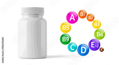 Vitamins bottle and colorful vitamin circle chart isolated on white background