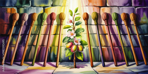 Colorful Watercolor Illustration of Wooden Maracas Framing a Blooming Branch with Fruit in Sunlit Artistic Still Life