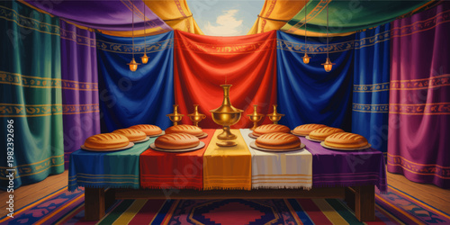 Colorful biblical tabernacle interior with ceremonial bread, golden lamp vessels, rich drapery and sacred worship setting
