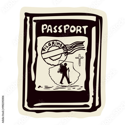 Pilgrims way passport with scallop shell motif. Black and white simple symbol icon clipart. For Camino, Canterbury , Jacobsweg European travel pilgrimage route. 