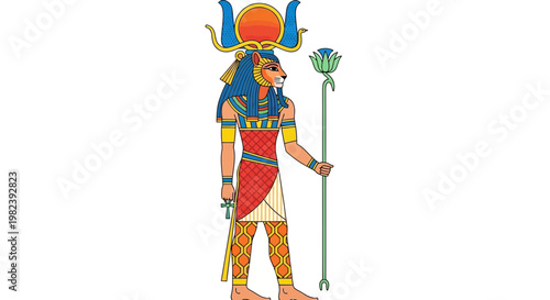 Ancient Egyptian God Sekhmet with Lion Head and Sun Disk Headdress