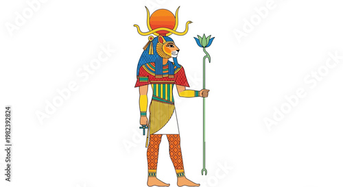 Ancient Egyptian deity Sekhmet, goddess of war and healing, with lion head and sun disk