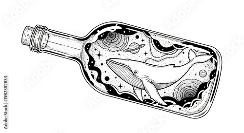 Whale in a Bottle with Stars and Planets, Cosmic Surrealism, Black and White Illustration