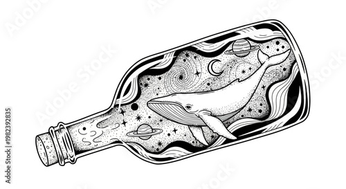 Whale in a Bottle with Stars and Planets, Cosmic Dreamscape
