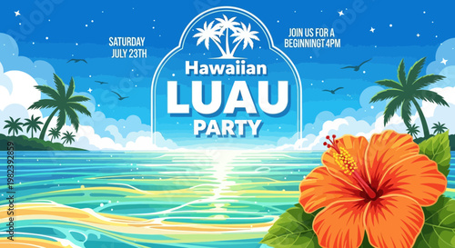Hawaiian Luau Party Invitation with Tropical Beach, Palm Trees, and Hibiscus Flower