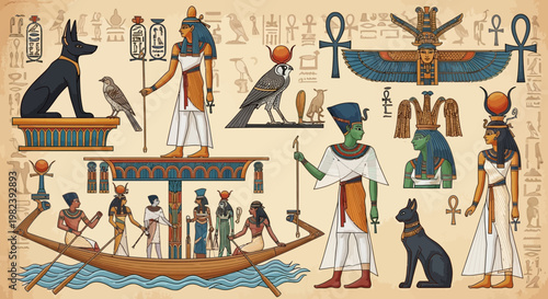 Ancient Egyptian Gods, Pharaohs, Hieroglyphs, and Boat on Nile River