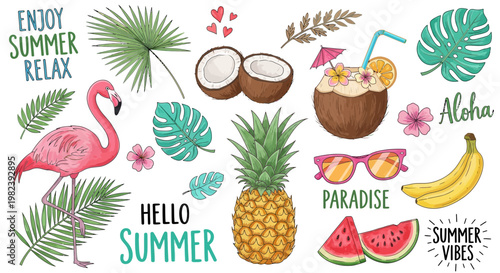 Summer Vibes: Tropical Flamingo, Pineapple, Coconut Drink, Sunglasses & Watermelon Slices