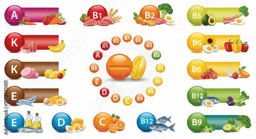 Vitamins A, B, C, D, E, K: Healthy Foods and Sources Illustrated