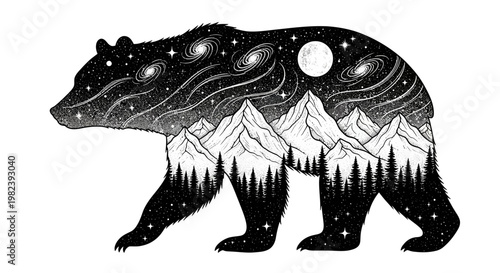 Cosmic Bear Silhouette: Mountains, Forest, Galaxy, Moon, Stars - Mystical Nature Art