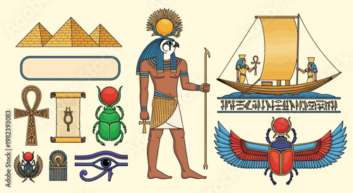 Ancient Egyptian Symbols: Pharaoh, Pyramids, Scarab, Ankh, Eye of Horus, Boat