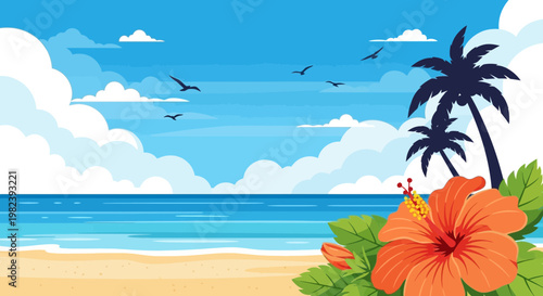 Tropical Beach Paradise: Palm Trees, Hibiscus Flower, Ocean, and Sandy Shore