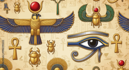 Egyptian Hieroglyphs, Scarab Beetles, Eye of Horus, Ankh, Falcon God Horus, Ancient Symbols Seamless Pattern