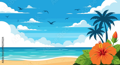 Tropical Beach Paradise: Palm Trees, Hibiscus Flower, Ocean Waves and Blue Sky with Clouds