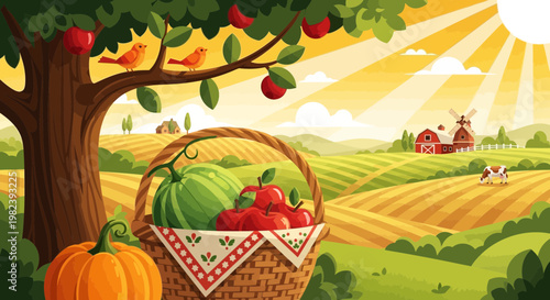 Autumn Harvest Basket with Pumpkin, Apples, Watermelon on Farm Field Background