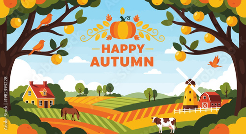 Happy Autumn Harvest Farm Landscape with Pumpkin, Barn, and Animals