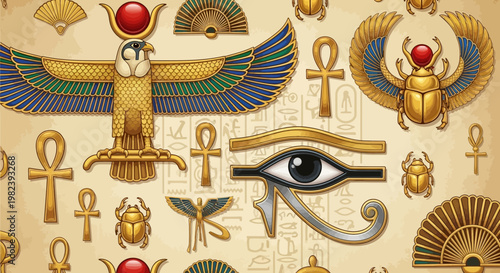 Ancient Egyptian Symbols: Eye of Horus, Ankh, Scarab, Falcon God, Hieroglyphs