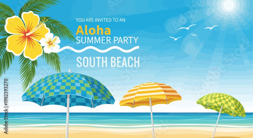 Summer Party Invitation: Aloha Beach Celebration with Umbrellas and Hibiscus