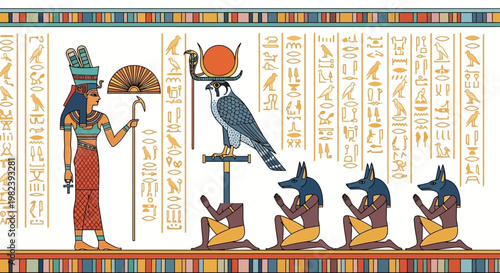 Ancient Egyptian Goddess Isis with Falcon God Horus and Anubis, Hieroglyphs, Pharaohs
