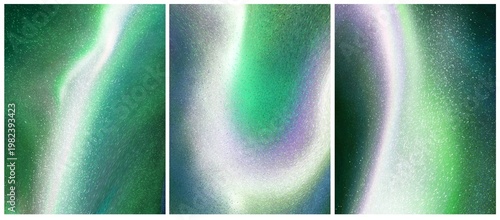 Set of interior posters with northern lights, dark and light wallpapers with light rays, green and purple background combo with rays in sky, blue and green flow art, set of minimalistic postcards