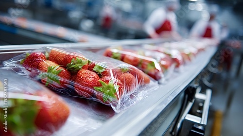 Strawberries packaged in plastic trays moving along a conveyor belt, representing food factory automation, quality control, and safe industrial fruit processing with workers in background